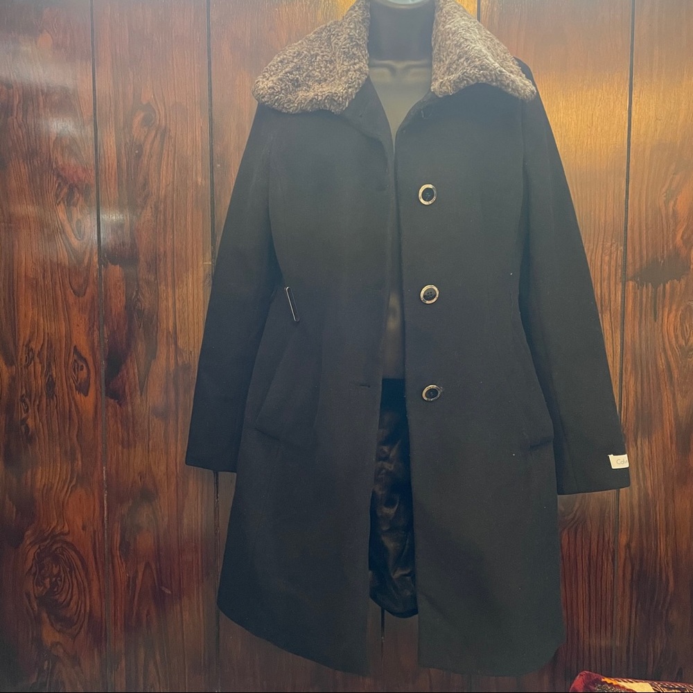 Calvin Klein black coat long jacket fur collar